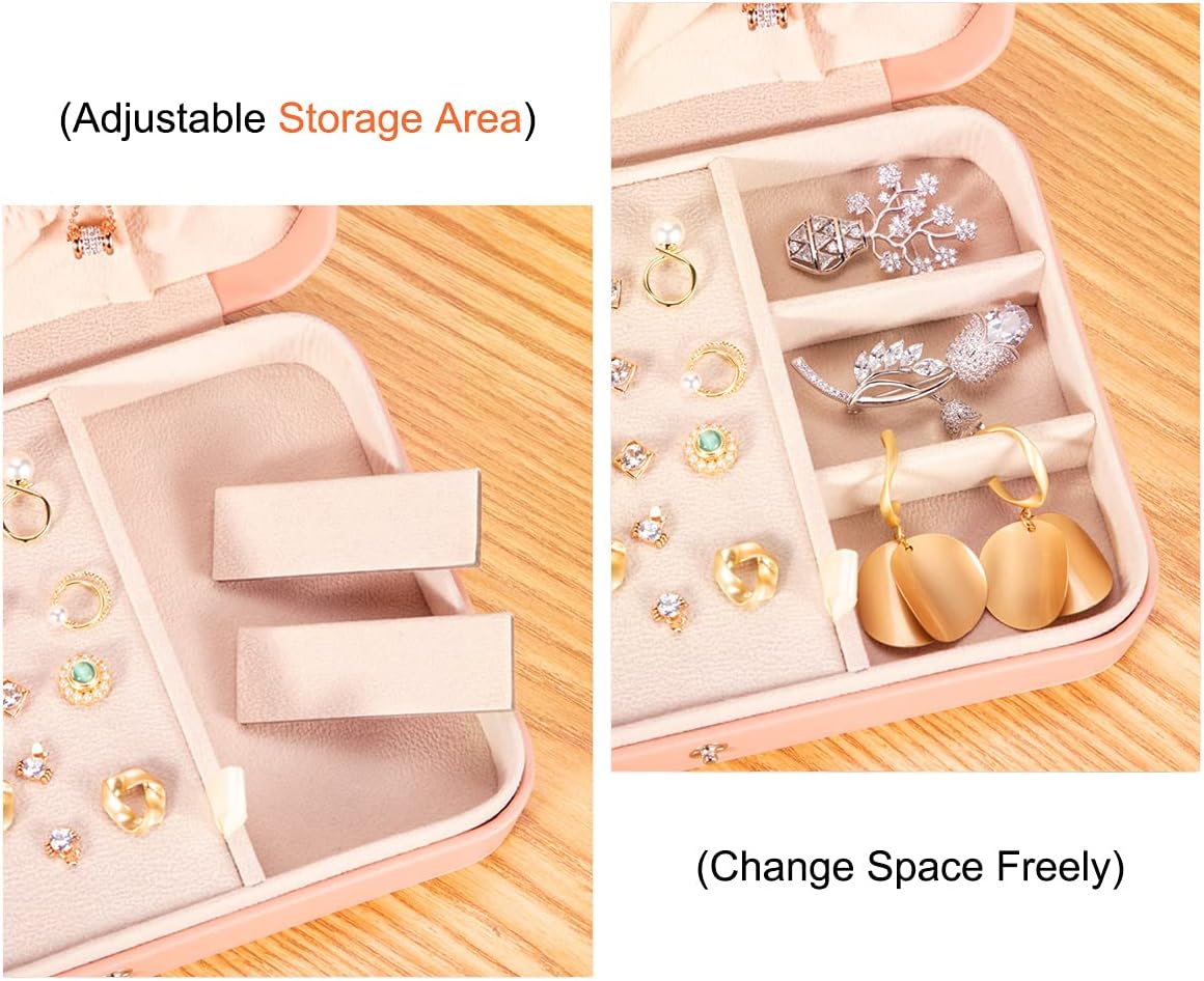Small Jewelry Box for Women Girls, PU Leather Travel Jewelry Case, Portable Jewelry Organizer Storage Holder Display for Ring Earrings Necklace Bracelet Bangle Men Kids Gift, Pink