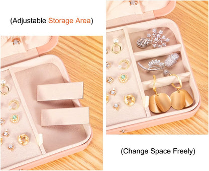 Small Jewelry Box for Women Girls, PU Leather Travel Jewelry Case, Portable Jewelry Organizer Storage Holder Display for Ring Earrings Necklace Bracelet Bangle Men Kids Gift, Pink