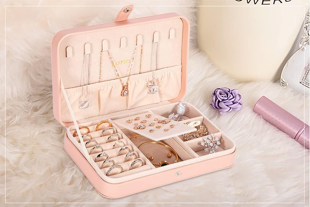 Small Jewelry Box for Women Girls, PU Leather Travel Jewelry Case, Portable Jewelry Organizer Storage Holder Display for Ring Earrings Necklace Bracelet Bangle Men Kids Gift, Pink