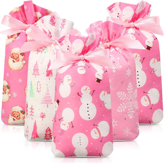 Pieces Pink Christmas Treat Bags Bulk - Snowman Snowflakes Santa Claus Plastic Xmas Bags for Winter Holiday Christmas Party Favors Goodie Candy Packing Supplies(48 Pcs)