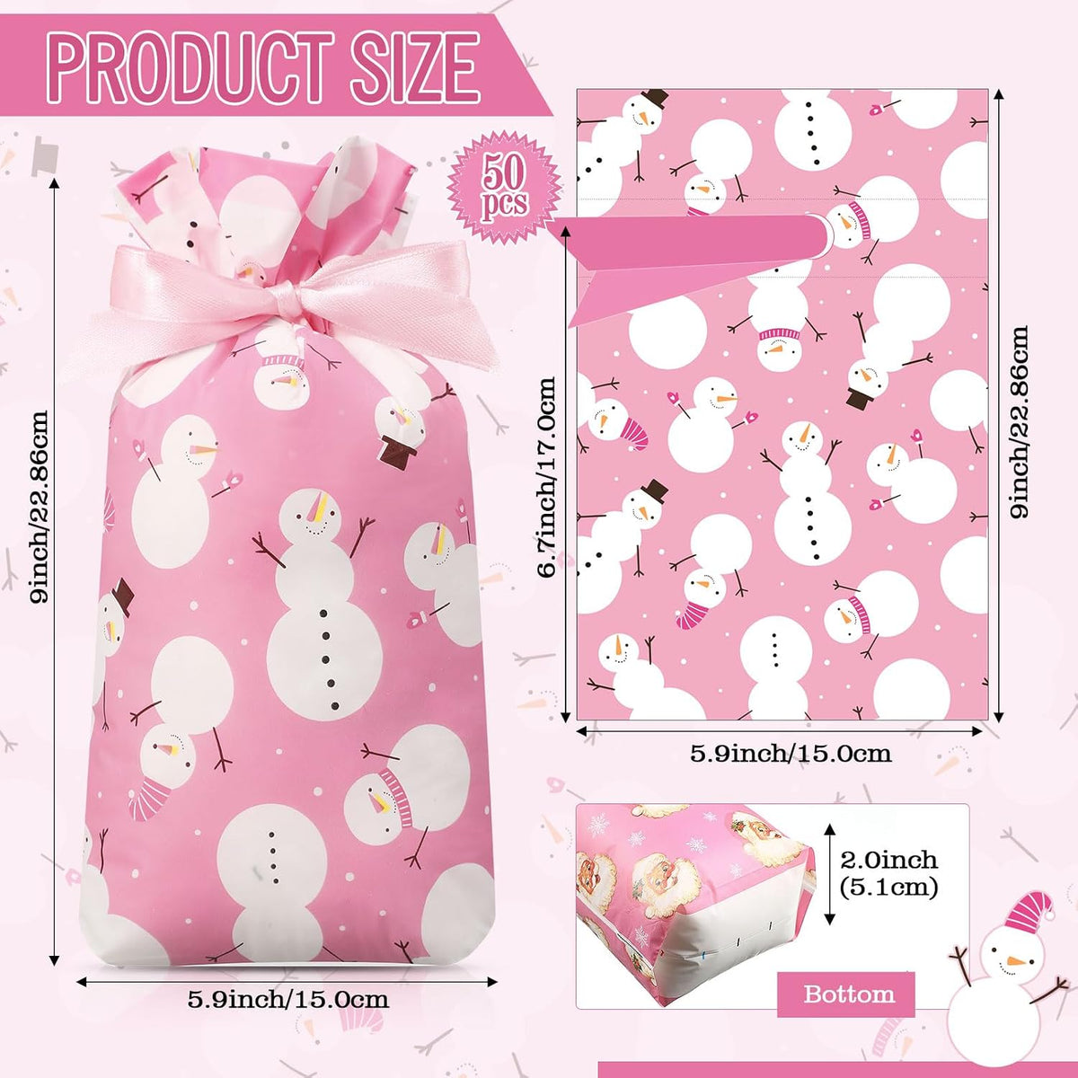 Pieces Pink Christmas Treat Bags Bulk - Snowman Snowflakes Santa Claus Plastic Xmas Bags for Winter Holiday Christmas Party Favors Goodie Candy Packing Supplies(48 Pcs)