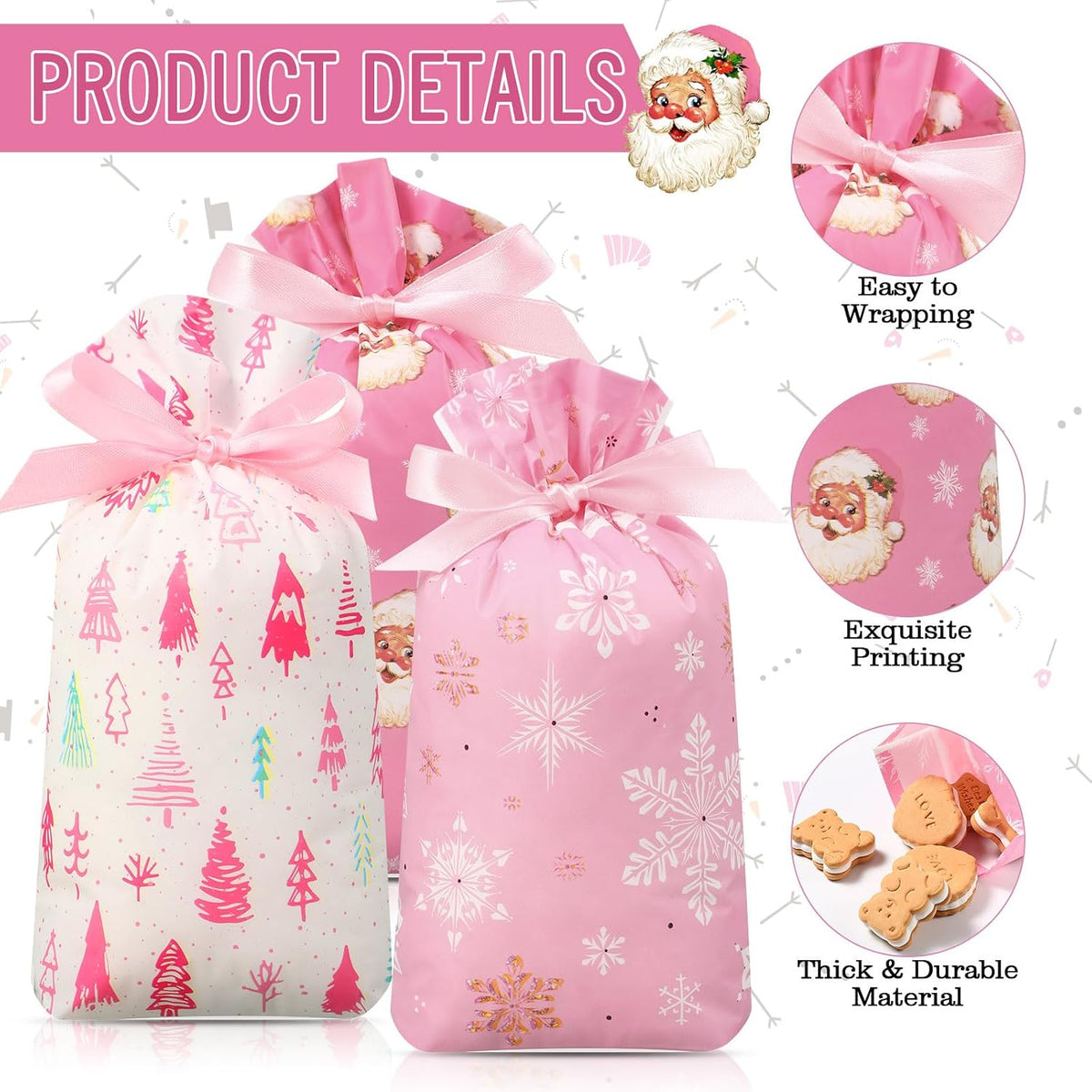Pieces Pink Christmas Treat Bags Bulk - Snowman Snowflakes Santa Claus Plastic Xmas Bags for Winter Holiday Christmas Party Favors Goodie Candy Packing Supplies(48 Pcs)
