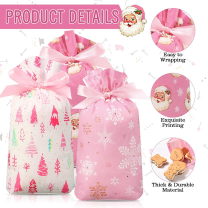 Pieces Pink Christmas Treat Bags Bulk - Snowman Snowflakes Santa Claus Plastic Xmas Bags for Winter Holiday Christmas Party Favors Goodie Candy Packing Supplies(48 Pcs)