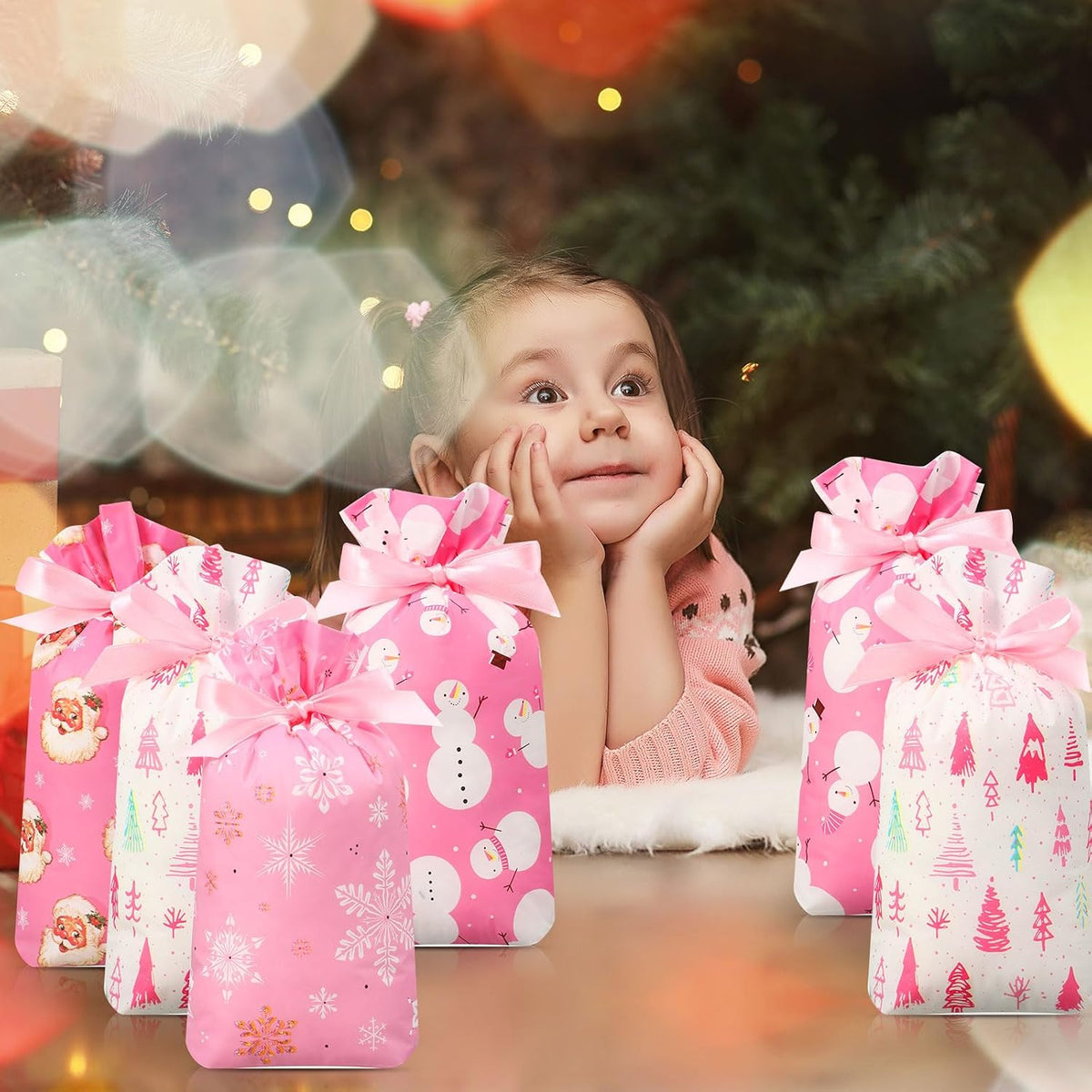 Pieces Pink Christmas Treat Bags Bulk - Snowman Snowflakes Santa Claus Plastic Xmas Bags for Winter Holiday Christmas Party Favors Goodie Candy Packing Supplies(48 Pcs)