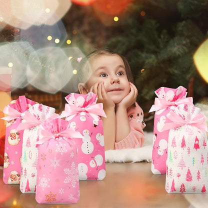 Pieces Pink Christmas Treat Bags Bulk - Snowman Snowflakes Santa Claus Plastic Xmas Bags for Winter Holiday Christmas Party Favors Goodie Candy Packing Supplies(48 Pcs)