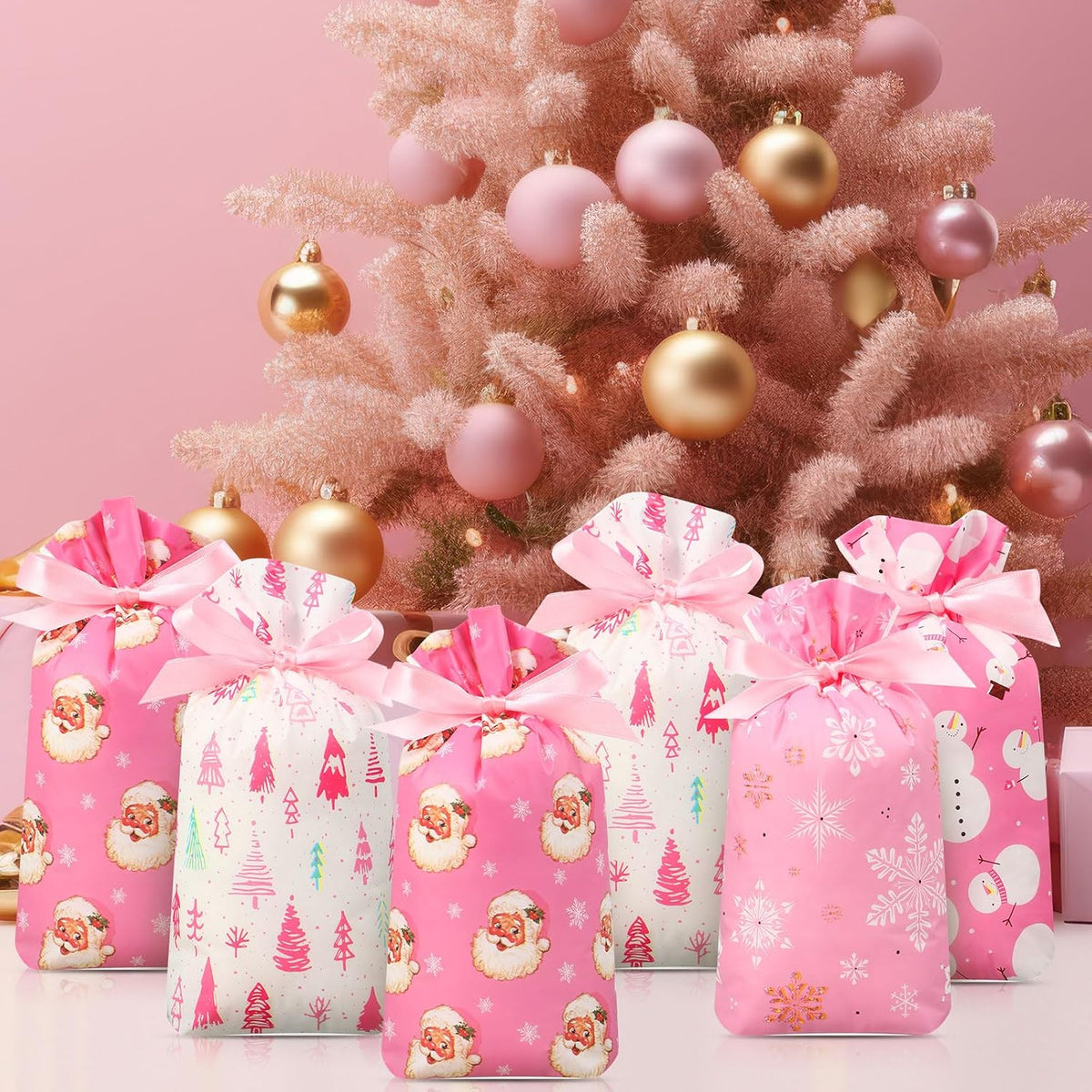 Pieces Pink Christmas Treat Bags Bulk - Snowman Snowflakes Santa Claus Plastic Xmas Bags for Winter Holiday Christmas Party Favors Goodie Candy Packing Supplies(48 Pcs)