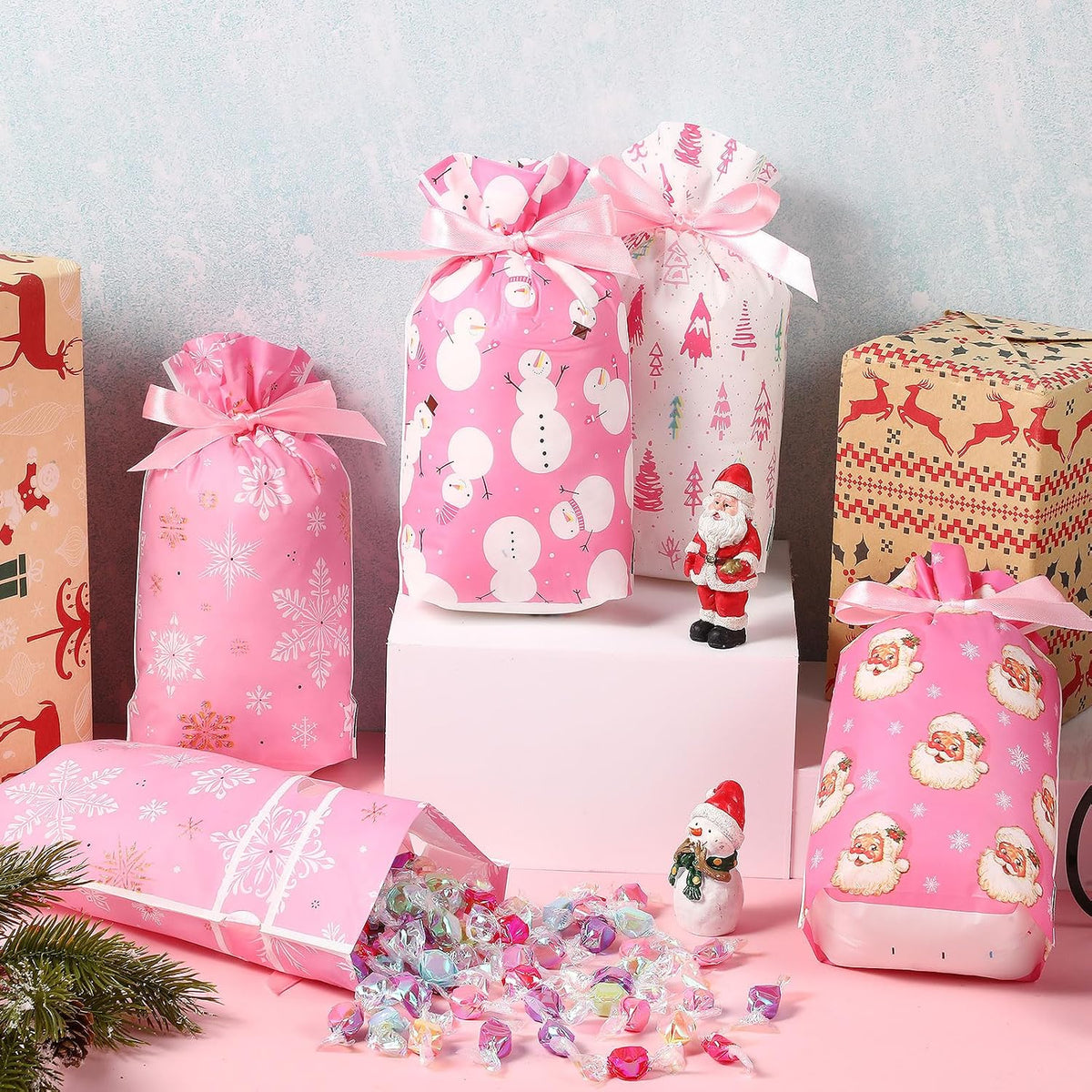 Pieces Pink Christmas Treat Bags Bulk - Snowman Snowflakes Santa Claus Plastic Xmas Bags for Winter Holiday Christmas Party Favors Goodie Candy Packing Supplies(48 Pcs)