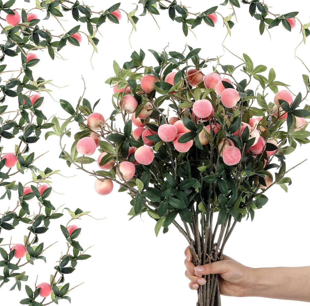 Daifunli 20 Pcs Artificial Peach Branches Fake Stem, 3 Peaches, 27.56 Inch