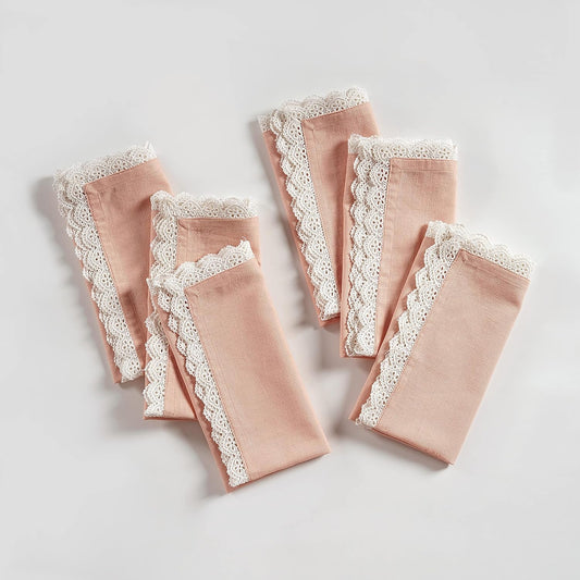 FINGERCRAFT Dinner Cloth Napkins Cotton 6 Pack Premium Quality Mitered Corners with Elegant Lace for Every Day Use Reataurant Wedding Christmas Napkins Cloth Good Absorbency 20in x 20in (Dusty Pink)
