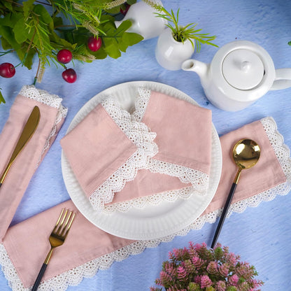 FINGERCRAFT Dinner Cloth Napkins Cotton 6 Pack Premium Quality Mitered Corners with Elegant Lace for Every Day Use Reataurant Wedding Christmas Napkins Cloth Good Absorbency 20in x 20in (Dusty Pink)