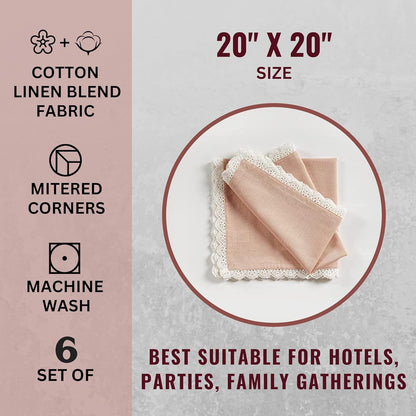 FINGERCRAFT Dinner Cloth Napkins Cotton 6 Pack Premium Quality Mitered Corners with Elegant Lace for Every Day Use Reataurant Wedding Christmas Napkins Cloth Good Absorbency 20in x 20in (Dusty Pink)