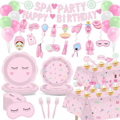 Pink Spa Party Decorations Sleepover Birthday Plates Tableware Tablecloth Set Makeup Banners Balloons Spa Theme Cake Toppers Hanging Swirls for Girls Women Slumber Pajama Party Supplies