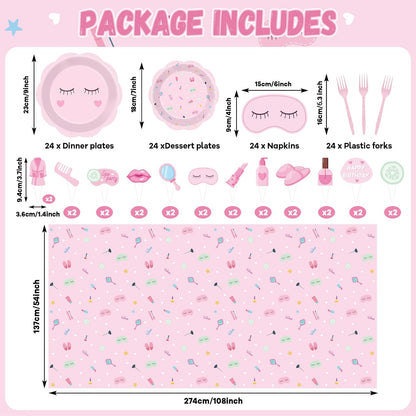 Pink Spa Party Decorations Sleepover Birthday Plates Tableware Tablecloth Set Makeup Banners Balloons Spa Theme Cake Toppers Hanging Swirls for Girls Women Slumber Pajama Party Supplies