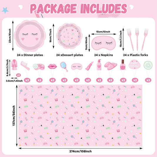 Pink Spa Party Decorations Sleepover Birthday Plates Tableware Tablecloth Set Makeup Banners Balloons Spa Theme Cake Toppers Hanging Swirls for Girls Women Slumber Pajama Party Supplies