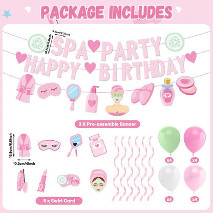 Pink Spa Party Decorations Sleepover Birthday Plates Tableware Tablecloth Set Makeup Banners Balloons Spa Theme Cake Toppers Hanging Swirls for Girls Women Slumber Pajama Party Supplies