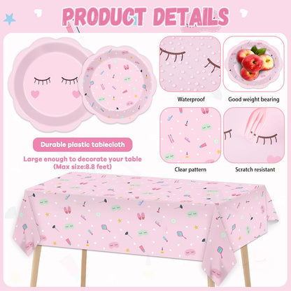 Pink Spa Party Decorations Sleepover Birthday Plates Tableware Tablecloth Set Makeup Banners Balloons Spa Theme Cake Toppers Hanging Swirls for Girls Women Slumber Pajama Party Supplies