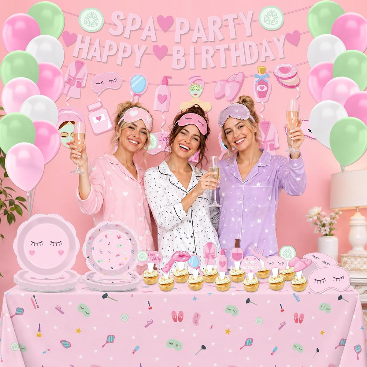 Pink Spa Party Decorations Sleepover Birthday Plates Tableware Tablecloth Set Makeup Banners Balloons Spa Theme Cake Toppers Hanging Swirls for Girls Women Slumber Pajama Party Supplies