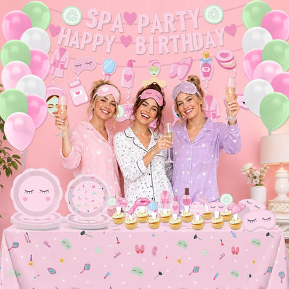 Pink Spa Party Decorations Sleepover Birthday Plates Tableware Tablecloth Set Makeup Banners Balloons Spa Theme Cake Toppers Hanging Swirls for Girls Women Slumber Pajama Party Supplies