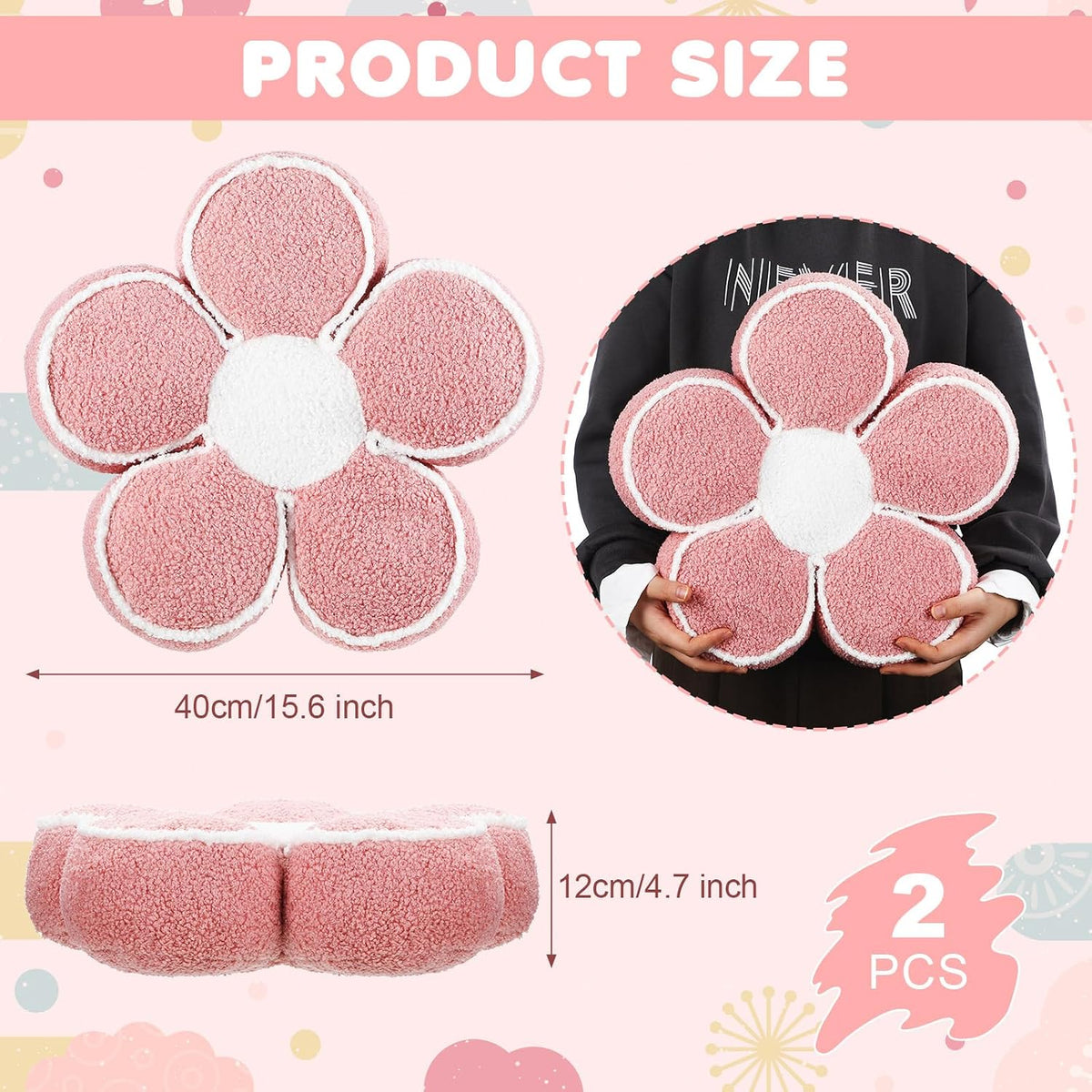 2 Pack Flower Pillows Cute Flower Shaped Pillows Daisy Pillow Throw Soft Floor Cushion for Living Room Bedroom Sofa Couch Winter Warm Decoration 15.7 Inch(Pink)