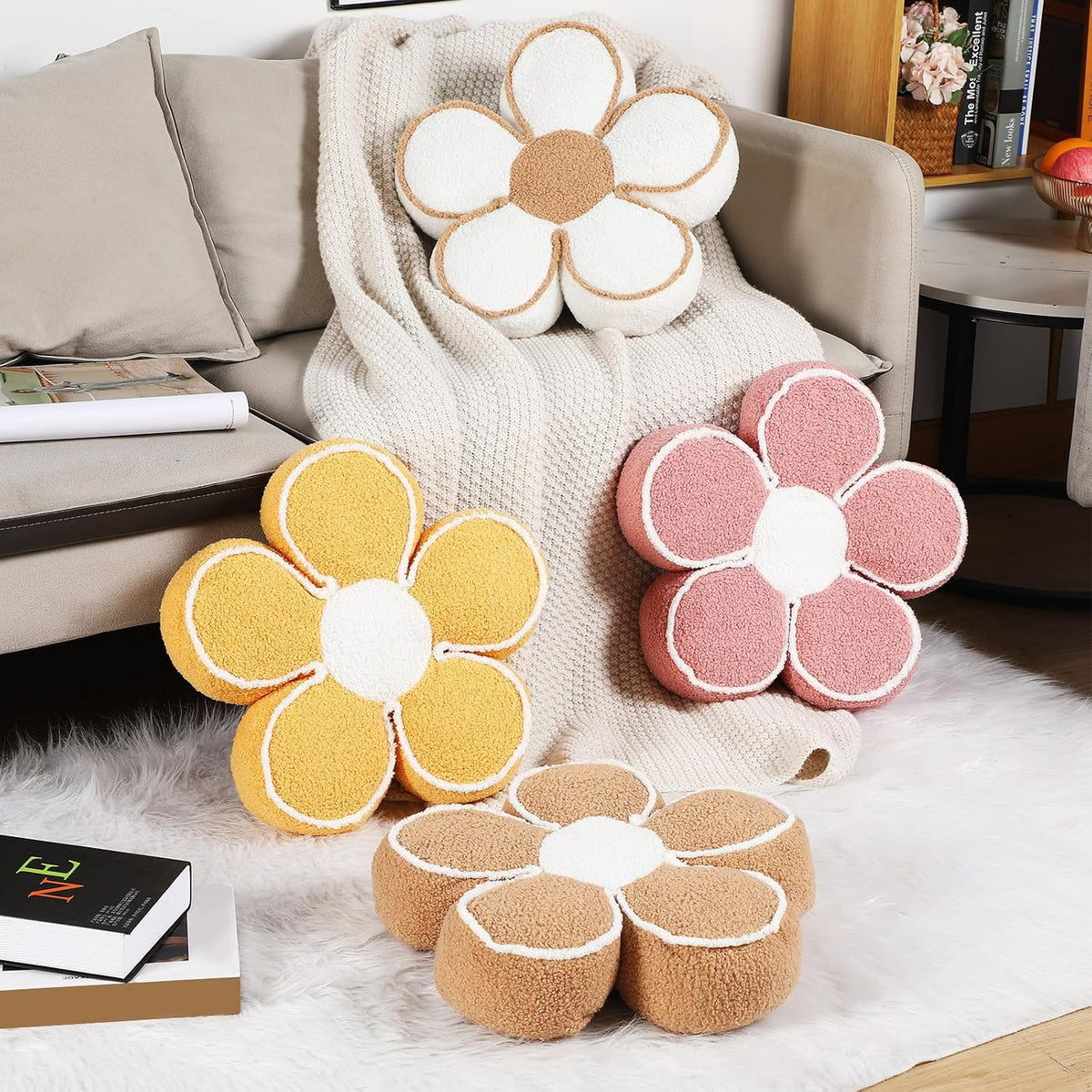 2 Pack Flower Pillows Cute Flower Shaped Pillows Daisy Pillow Throw Soft Floor Cushion for Living Room Bedroom Sofa Couch Winter Warm Decoration 15.7 Inch(Pink)