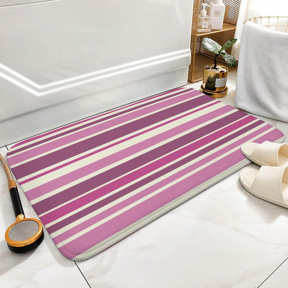 Pink Beige Stripes Bath Mat Rug 32x20, Ultra Soft Bathroom Rug, Non Slip and Absorbent Bath Rug Carpet for Bathroom Floor, Tub and Shower