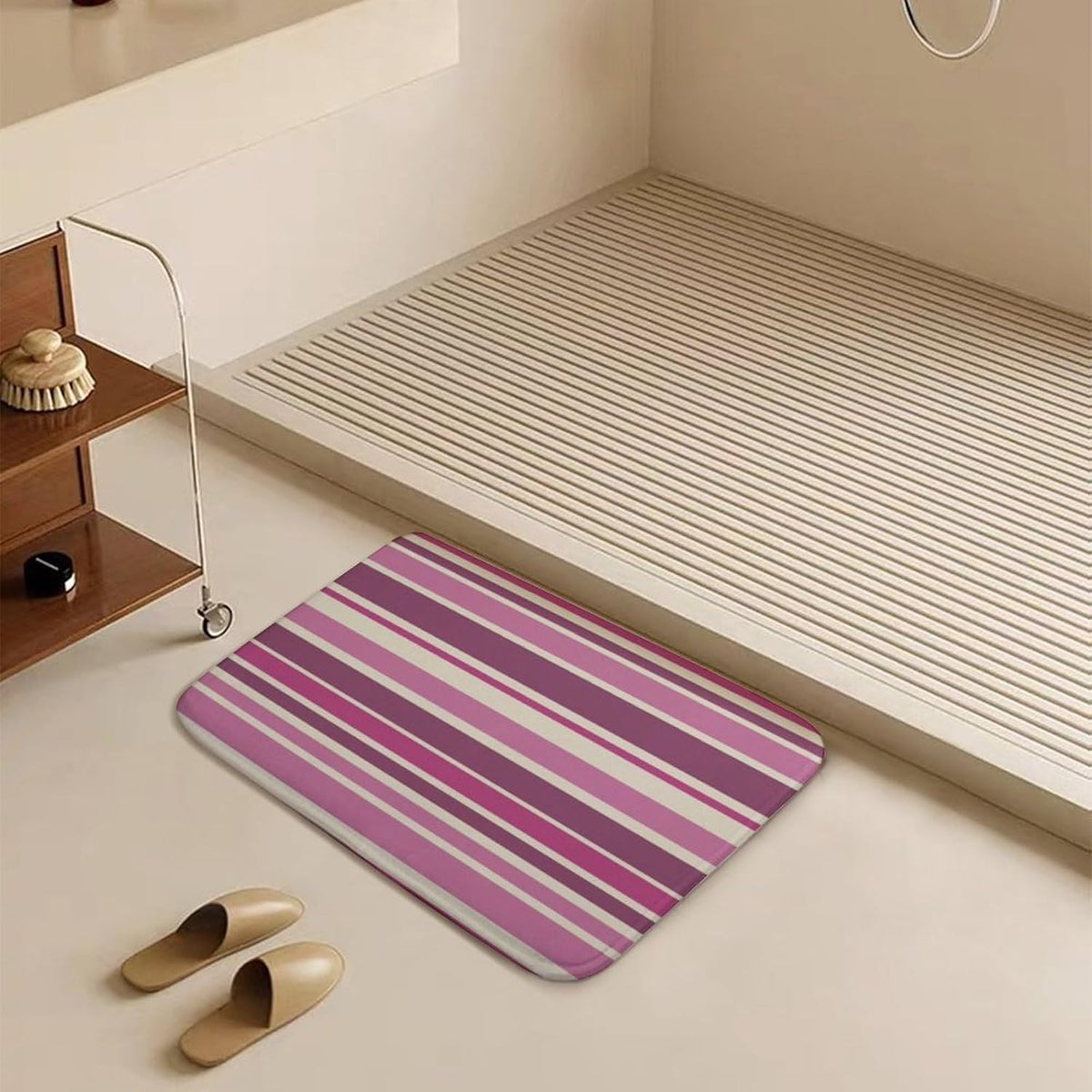 Pink Beige Stripes Bath Mat Rug 32x20, Ultra Soft Bathroom Rug, Non Slip and Absorbent Bath Rug Carpet for Bathroom Floor, Tub and Shower