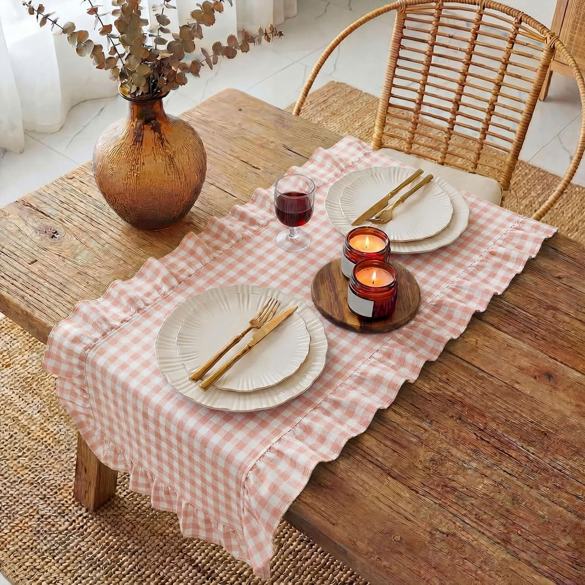1 Pc Gingham Table Runner Light Pink, 118 X 13.8 Inch
