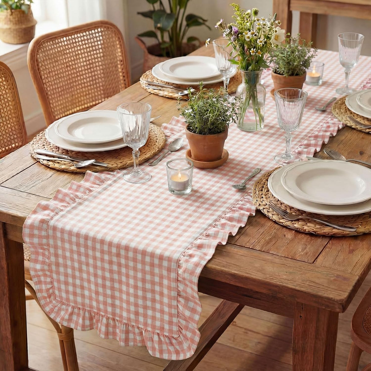 1 Pc Gingham Table Runner Light Pink, 118 X 13.8 Inch