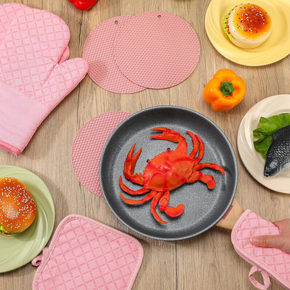 Pink Oven Mitts and Pot Holders 7 Sets, Heat Resistant Kitchen Gloves Pads Pot Holders for Women Gifts Kitchen Accessories Gift(Pink,Rubber Cotton,Honeycomb)