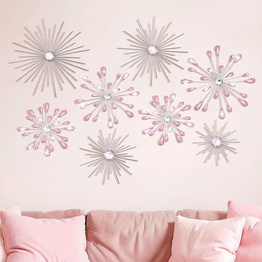 8 Pcs Pink Metal Wall Art Cast Iron Starburst Wall Decor Bling Crystal Sculptures Living Room 3D Teardrop Radial Rhinestone Hanging Diamond Accents for Home Office Bedroom Entryway