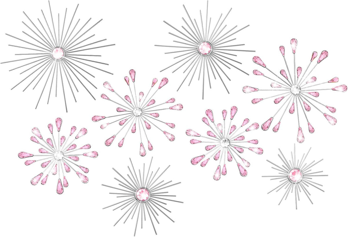 8 Pcs Pink Metal Wall Art Cast Iron Starburst Wall Decor Bling Crystal Sculptures Living Room 3D Teardrop Radial Rhinestone Hanging Diamond Accents for Home Office Bedroom Entryway