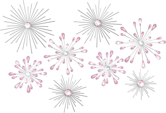 8 Pcs Pink Metal Wall Art Cast Iron Starburst Wall Decor Bling Crystal Sculptures Living Room 3D Teardrop Radial Rhinestone Hanging Diamond Accents for Home Office Bedroom Entryway