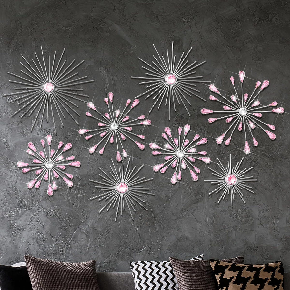 8 Pcs Pink Metal Wall Art Cast Iron Starburst Wall Decor Bling Crystal Sculptures Living Room 3D Teardrop Radial Rhinestone Hanging Diamond Accents for Home Office Bedroom Entryway