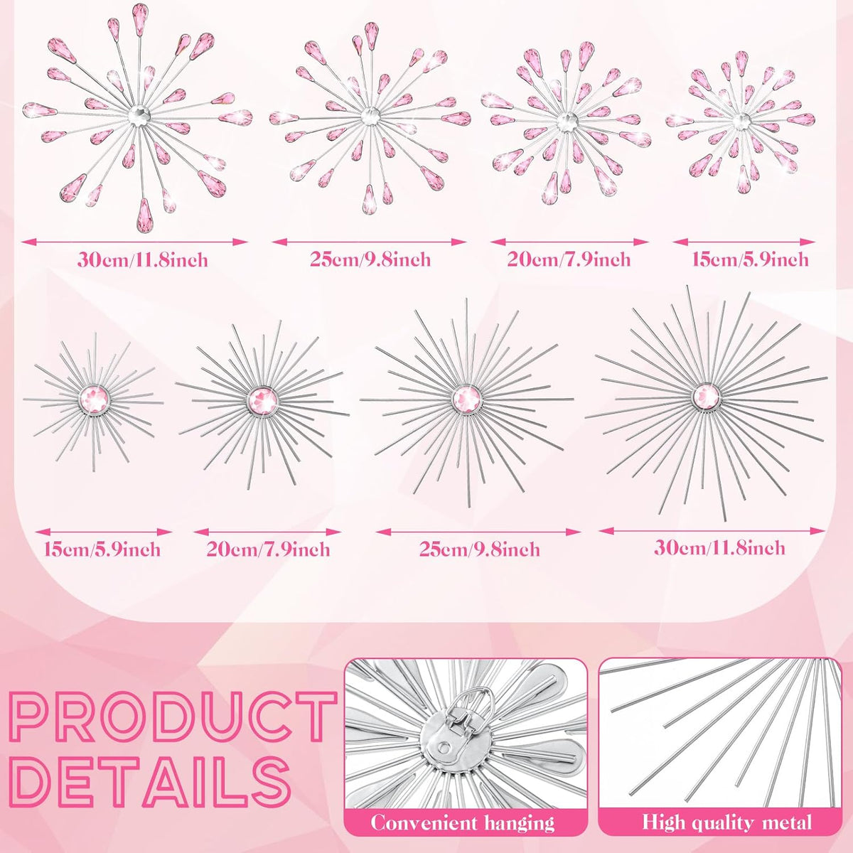 8 Pcs Pink Metal Wall Art Cast Iron Starburst Wall Decor Bling Crystal Sculptures Living Room 3D Teardrop Radial Rhinestone Hanging Diamond Accents for Home Office Bedroom Entryway
