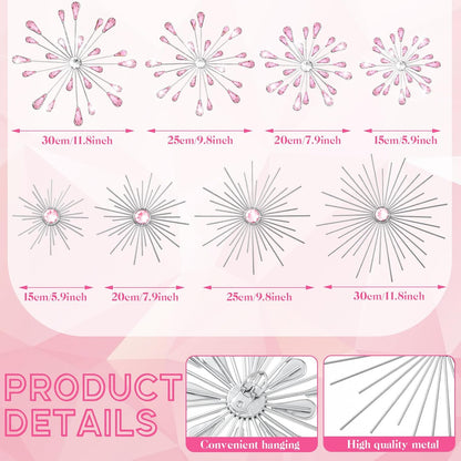 8 Pcs Pink Metal Wall Art Cast Iron Starburst Wall Decor Bling Crystal Sculptures Living Room 3D Teardrop Radial Rhinestone Hanging Diamond Accents for Home Office Bedroom Entryway