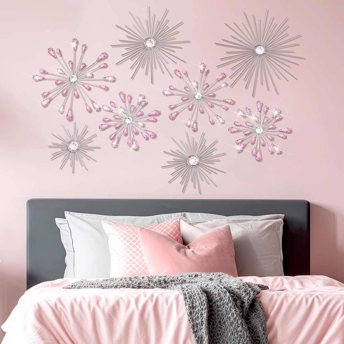 8 Pcs Pink Metal Wall Art Cast Iron Starburst Wall Decor Bling Crystal Sculptures Living Room 3D Teardrop Radial Rhinestone Hanging Diamond Accents for Home Office Bedroom Entryway