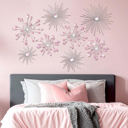 8 Pcs Pink Metal Wall Art Cast Iron Starburst Wall Decor Bling Crystal Sculptures Living Room 3D Teardrop Radial Rhinestone Hanging Diamond Accents for Home Office Bedroom Entryway