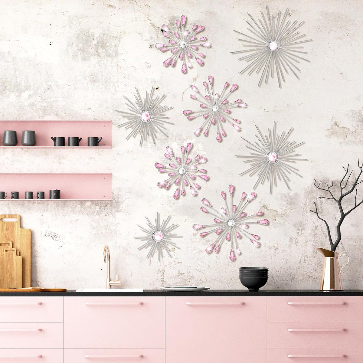 8 Pcs Pink Metal Wall Art Cast Iron Starburst Wall Decor Bling Crystal Sculptures Living Room 3D Teardrop Radial Rhinestone Hanging Diamond Accents for Home Office Bedroom Entryway
