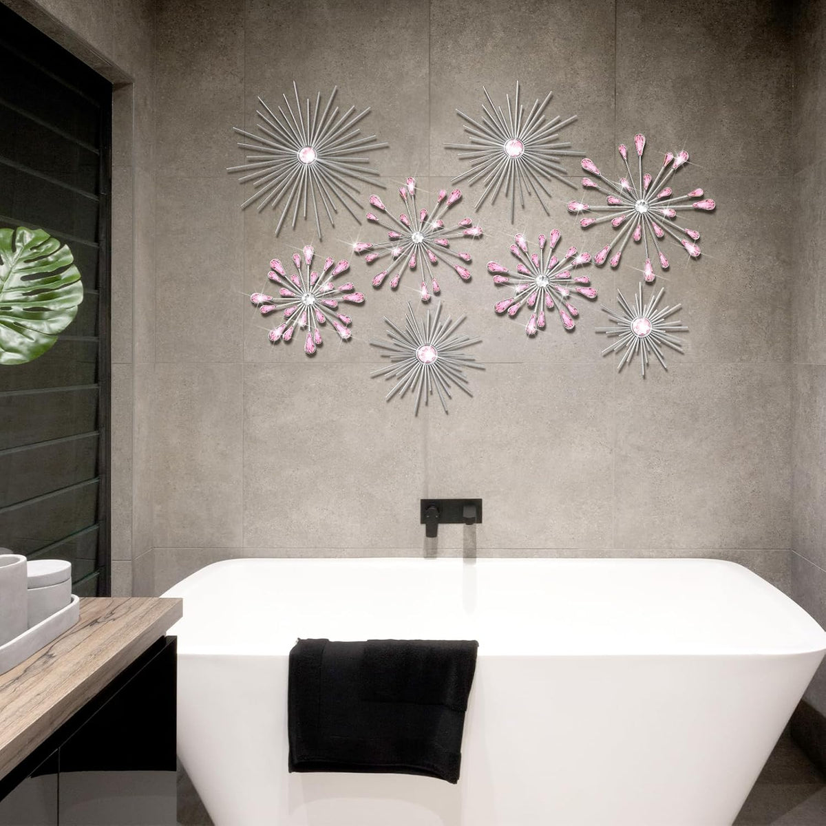 8 Pcs Pink Metal Wall Art Cast Iron Starburst Wall Decor Bling Crystal Sculptures Living Room 3D Teardrop Radial Rhinestone Hanging Diamond Accents for Home Office Bedroom Entryway