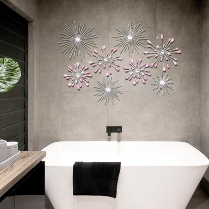 8 Pcs Pink Metal Wall Art Cast Iron Starburst Wall Decor Bling Crystal Sculptures Living Room 3D Teardrop Radial Rhinestone Hanging Diamond Accents for Home Office Bedroom Entryway