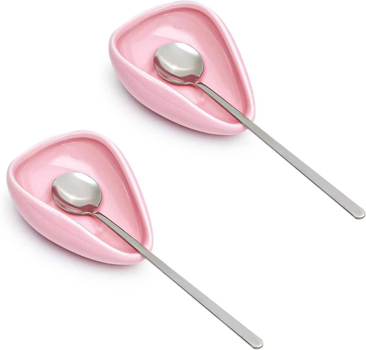 2-Piece Pink Ceramic Spoon Rest Set With Silvery Mini Coffee Spoons
