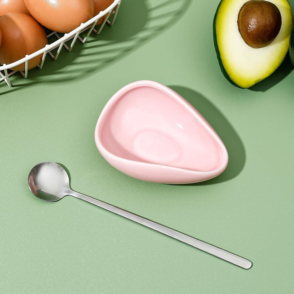 2-Piece Pink Ceramic Spoon Rest Set With Silvery Mini Coffee Spoons