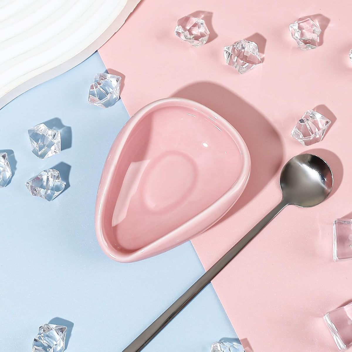 2-Piece Pink Ceramic Spoon Rest Set With Silvery Mini Coffee Spoons