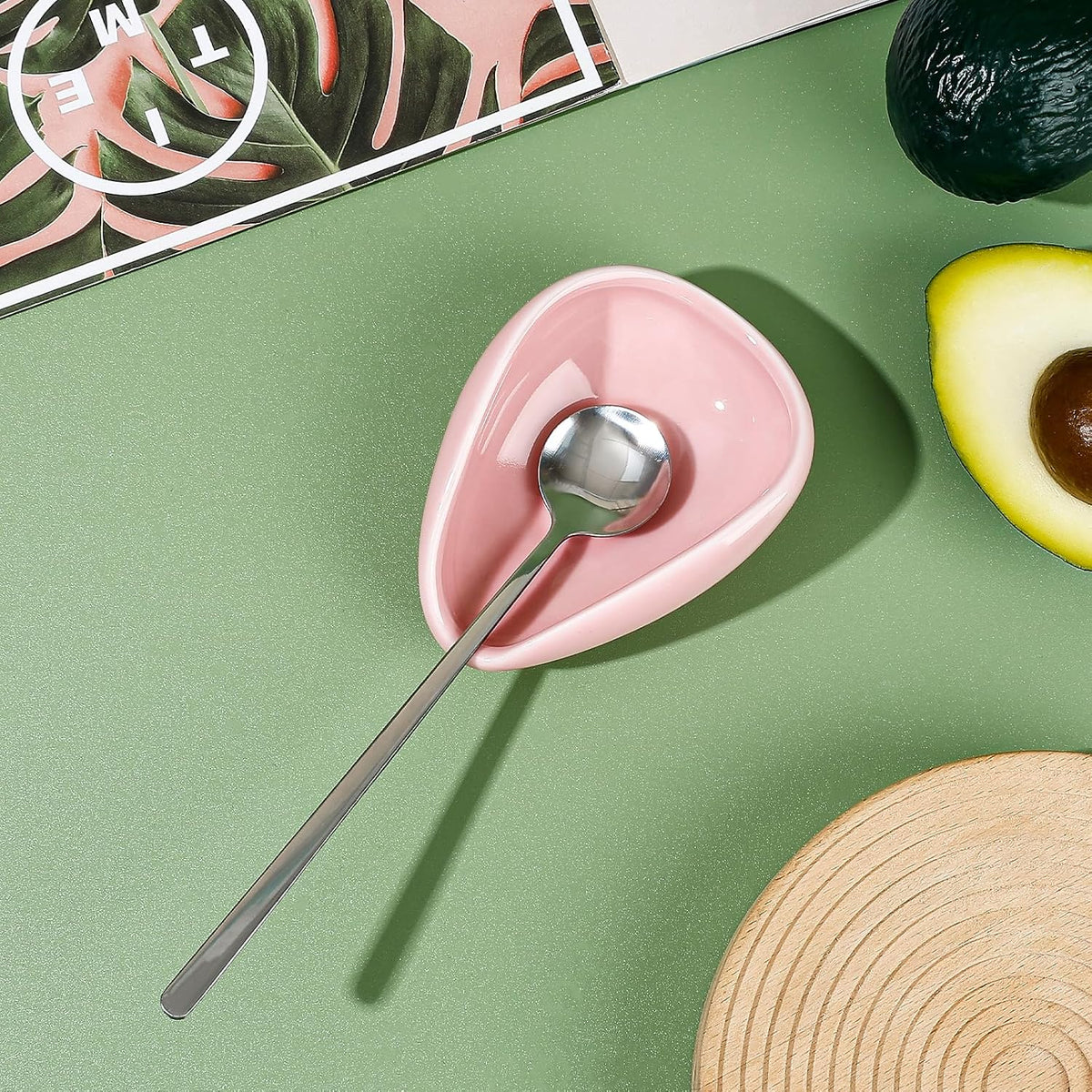 2-Piece Pink Ceramic Spoon Rest Set With Silvery Mini Coffee Spoons