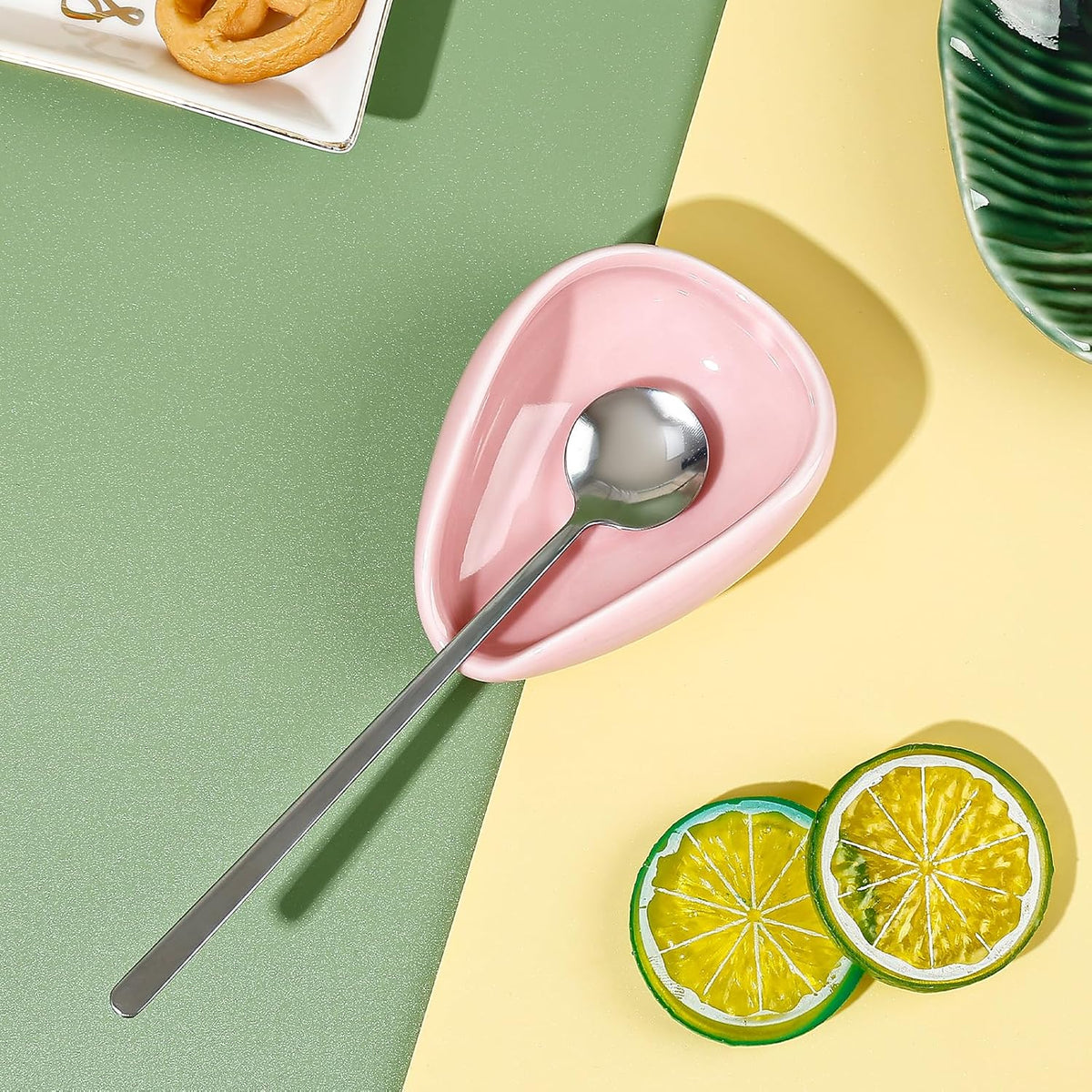 2-Piece Pink Ceramic Spoon Rest Set With Silvery Mini Coffee Spoons