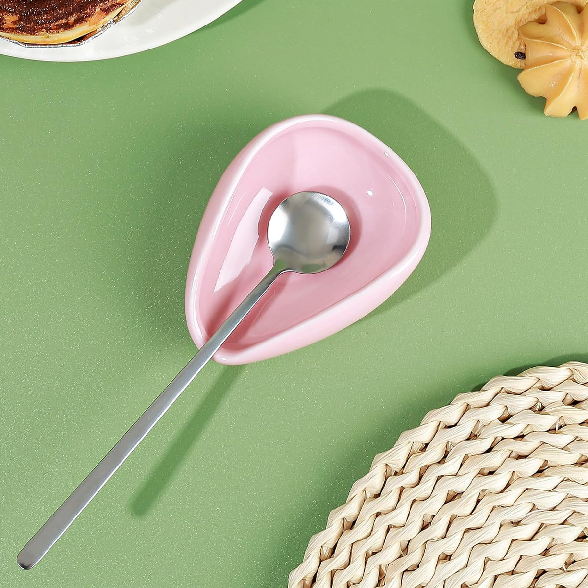 2-Piece Pink Ceramic Spoon Rest Set With Silvery Mini Coffee Spoons