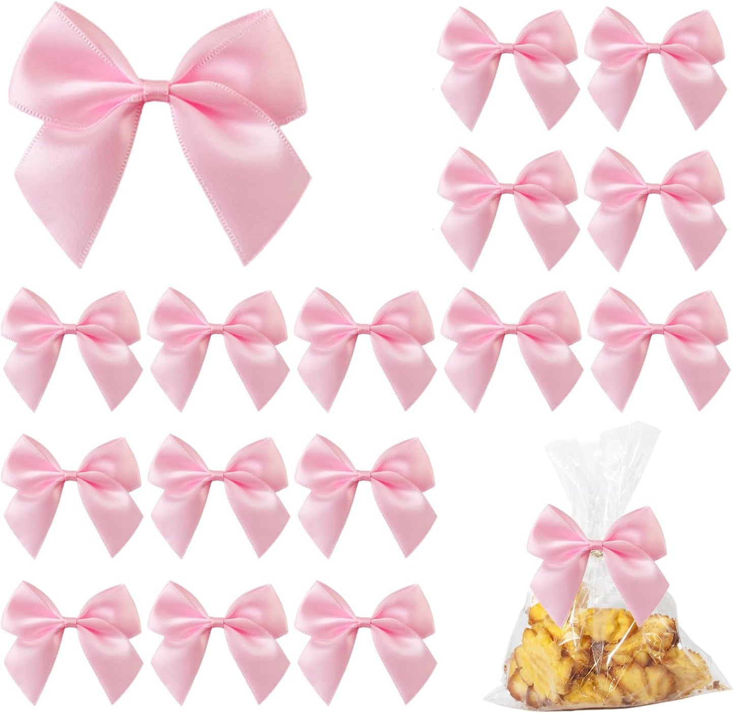 50PCS Mini Pink Bows for Gift Wrapping, 2.5 Inch Pink Satin Ribbon Bows Light Pink Twist Tie Bows with Double - Sided Tape for Treat Bags Pretied Bows for Baby Shower Wedding Decorations