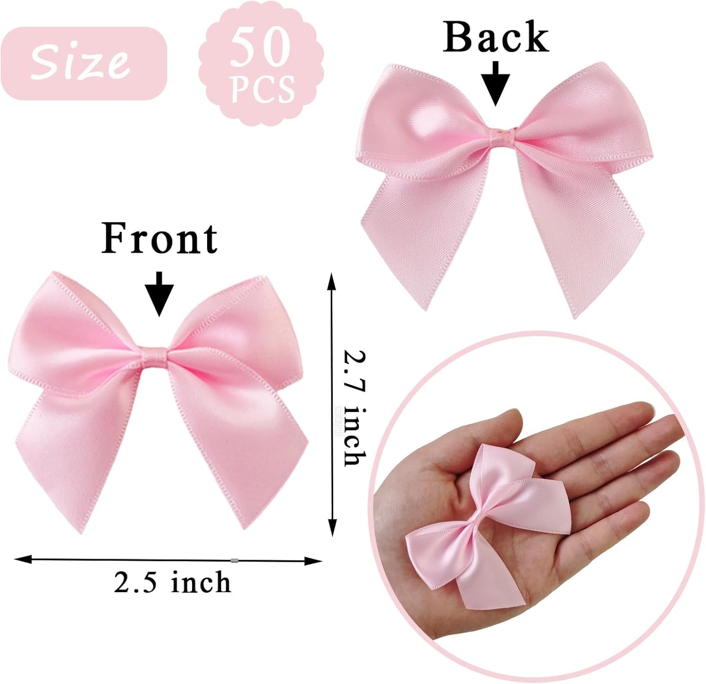 50PCS Mini Pink Bows for Gift Wrapping, 2.5 Inch Pink Satin Ribbon Bows Light Pink Twist Tie Bows with Double - Sided Tape for Treat Bags Pretied Bows for Baby Shower Wedding Decorations