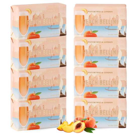 Wavertree & London Peach Bellini Scented Natural Soap (8 Bars), 7oz Moisturizing French Triple Milled Soap Bars enriched with shea butter - Pure Plant Oil Bath & Body Bars for All Skin Types