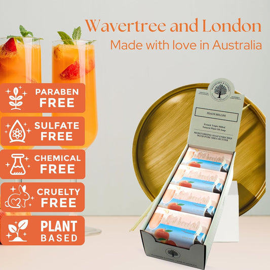 Wavertree & London Peach Bellini Scented Natural Soap (8 Bars), 7oz Moisturizing French Triple Milled Soap Bars enriched with shea butter - Pure Plant Oil Bath & Body Bars for All Skin Types